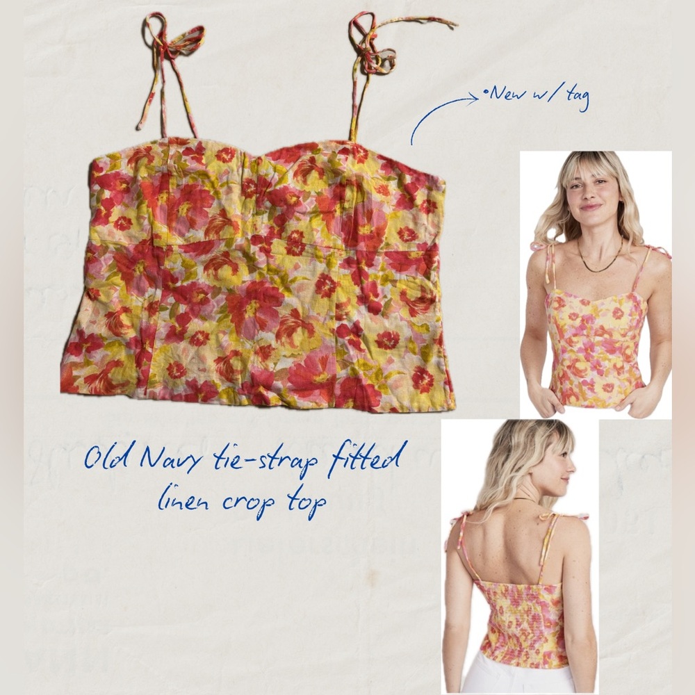Old Navy Yellow & Pink Floral Tie-Shoulder Linen Crop Top